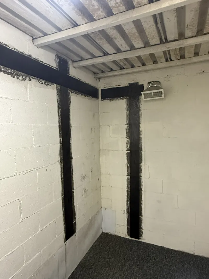 Vertical carbon fiber straps installed on a painted concrete block basement wall